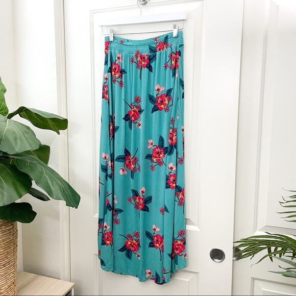Express Floral Tropical Faux Wrap High Low Skirt XS Blue Pink - Picture 10 of 10